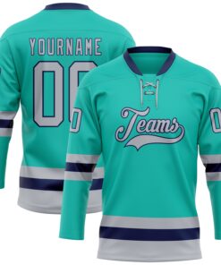 Custom Aqua Gray-Navy Hockey Lace Neck Jersey