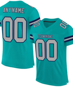 Custom Aqua Gray-Navy Mesh Authentic Football Jersey