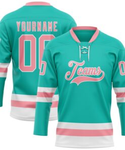 Custom Aqua Medium Pink-White Hockey Lace Neck Jersey