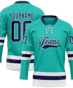 Custom Aqua Navy-White Hockey Lace Neck Jersey
