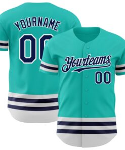 Custom Aqua Navy-White Line Authentic Baseball Jersey