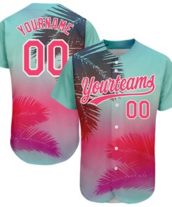 Custom Aqua Neon Pink-White 3D Pattern Design Hawaii Palm Leaves Authentic Baseball Jersey