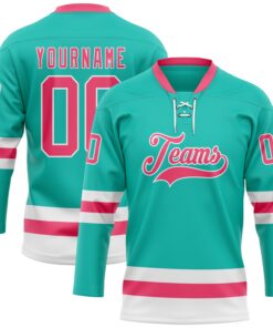 Custom Aqua Neon Pink-White Hockey Lace Neck Jersey