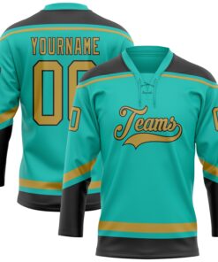 Custom Aqua Old Gold-Black Hockey Lace Neck Jersey
