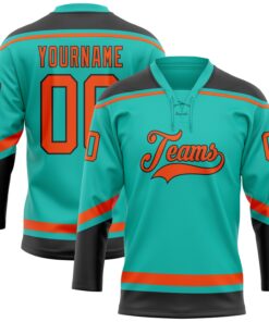 Custom Aqua Orange-Black Hockey Lace Neck Jersey