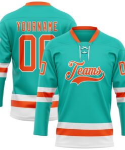 Custom Aqua Orange-White Hockey Lace Neck Jersey