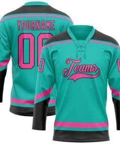 Custom Aqua Pink-Black Hockey Lace Neck Jersey