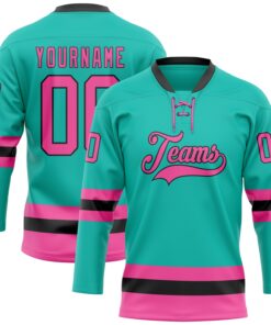 Custom Aqua Pink-Black Hockey Lace Neck Jersey