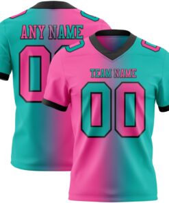 Custom Aqua Pink-Black Mesh Authentic Gradient Fashion Football Jersey