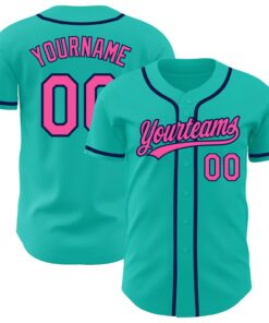 Custom Aqua Pink-Navy Authentic Baseball Jersey