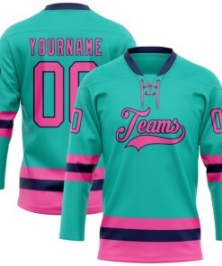 Custom Aqua Pink-Navy Hockey Lace Neck Jersey