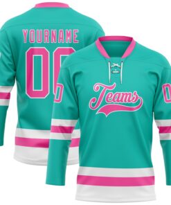 Custom Aqua Pink-White Hockey Lace Neck Jersey
