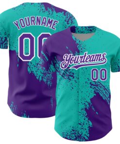 Custom Aqua Purple-White 3D Pattern Design Abstract Brush Stroke Authentic Baseball Jersey