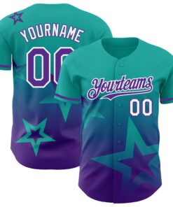 Custom Aqua Purple-White 3D Pattern Design Gradient Style Twinkle Star Authentic Baseball Jersey