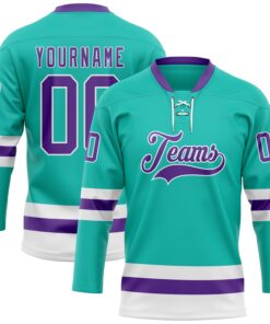 Custom Aqua Purple-White Hockey Lace Neck Jersey