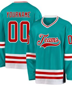 Custom Aqua Red-White Hockey Jersey