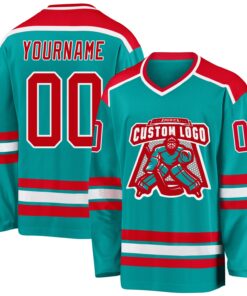 Custom Aqua Red-White Hockey Jersey