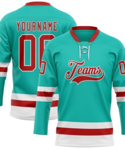 Custom Aqua Red-White Hockey Lace Neck Jersey