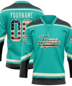 Custom Aqua Vintage USA Flag Black-Cream Hockey Lace Neck Jersey