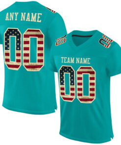 Custom Aqua Vintage USA Flag-City Cream Mesh Authentic Football Jersey