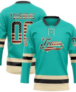Custom Aqua Vintage USA Flag Cream-Black Hockey Lace Neck Jersey