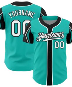 Custom Aqua White-Black 3 Colors Arm Shapes Authentic Baseball Jersey