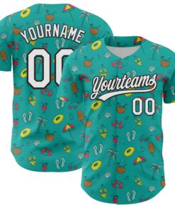 Custom Aqua White-Black 3D Hawaii Tropical Palm Tree And Beach Authentic Baseball Jersey