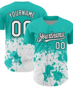 Custom Aqua White-Black 3D Pattern Design Abstract Splash Grunge Art Authentic Baseball Jersey