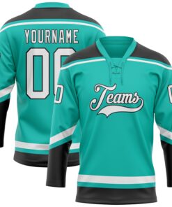 Custom Aqua White-Black Hockey Lace Neck Jersey
