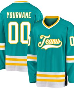 Custom Aqua White-Gold Hockey Jersey