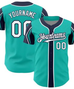 Custom Aqua White-Navy 3 Colors Arm Shapes Authentic Baseball Jersey