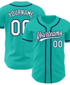 Custom Aqua White-Navy Authentic Baseball Jersey