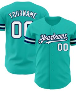 Custom Aqua White-Navy Authentic Baseball Jersey