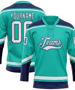 Custom Aqua White-Navy Hockey Lace Neck Jersey