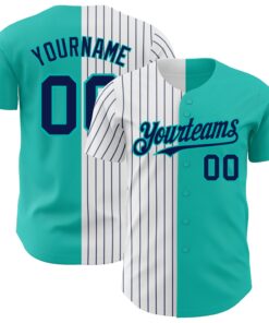 Custom Aqua White-Navy Pinstripe Authentic Split Fashion Baseball Jersey