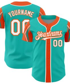 Custom Aqua White-Orange 3 Colors Arm Shapes Authentic Baseball Jersey