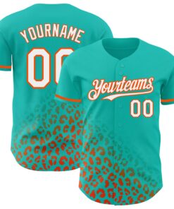 Custom Aqua White-Orange 3D Pattern Design Leopard Print Fade Fashion Authentic Baseball Jersey