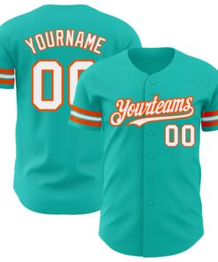Custom Aqua White-Orange Authentic Baseball Jersey