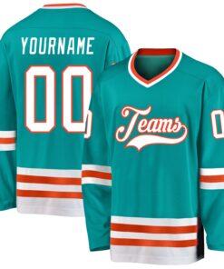 Custom Aqua White-Orange Hockey Jersey