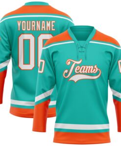 Custom Aqua White-Orange Hockey Lace Neck Jersey