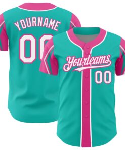 Custom Aqua White-Pink 3 Colors Arm Shapes Authentic Baseball Jersey