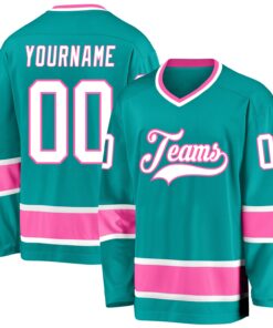 Custom Aqua White-Pink Hockey Jersey