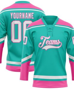 Custom Aqua White-Pink Hockey Lace Neck Jersey