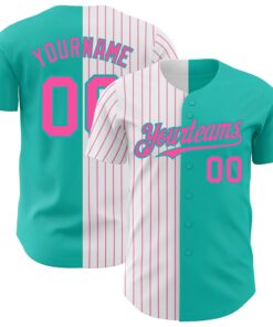 Custom Aqua White-Pink Pinstripe Authentic Split Fashion Baseball Jersey