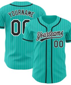 Custom Aqua White Pinstripe Black Authentic Baseball Jersey