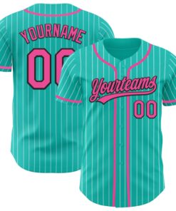 Custom Aqua White Pinstripe Pink-Black Authentic Baseball Jersey