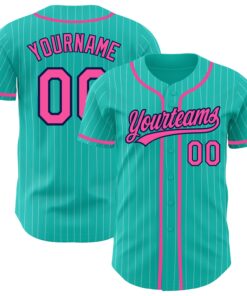 Custom Aqua White Pinstripe Pink-Navy Authentic Baseball Jersey