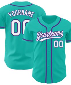Custom Aqua White-Purple Authentic Baseball Jersey