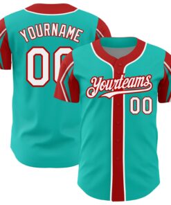 Custom Aqua White-Red 3 Colors Arm Shapes Authentic Baseball Jersey