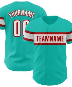 Custom Aqua White-Red Authentic Baseball Jersey